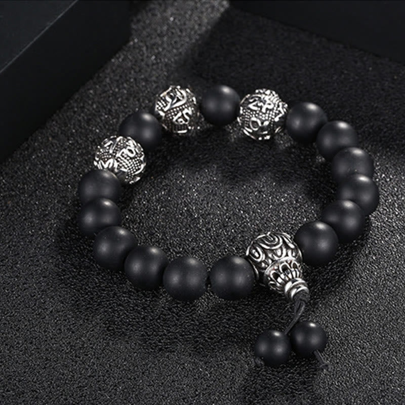 Buddha Stones Occhio di Tigre Naturale Roccia Lavica Ossidiana Nera Acciaio al Titanio Braccialetto di Protezione Om Mani Padme Hum delle Sei Vere Parole