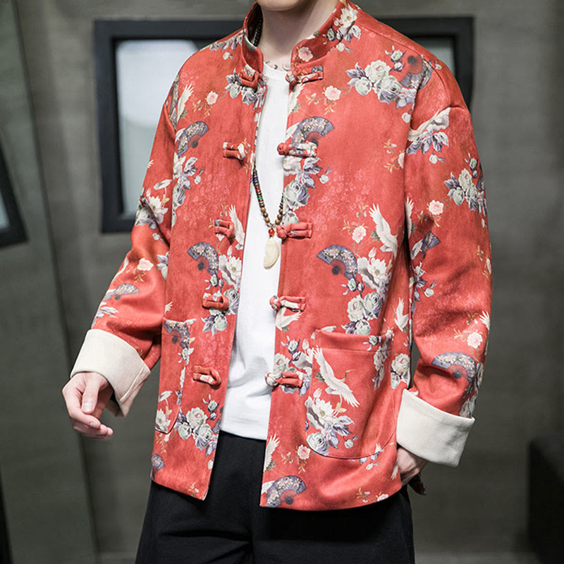 Buddha Stones Vestiti per il capodanno cinese Fiori Ventaglio Uccelli Rana-bottoni Tang Suit Giacca da uomo in cotone Camicia con tasche - image 1