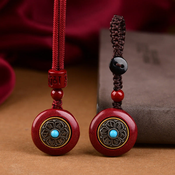 Buddha Stones Cinabro naturale Sei parole vere 'Om Mani Padme Hum' Collana con ciondolo portachiavi con cordino intrecciato e benedizione - image 3