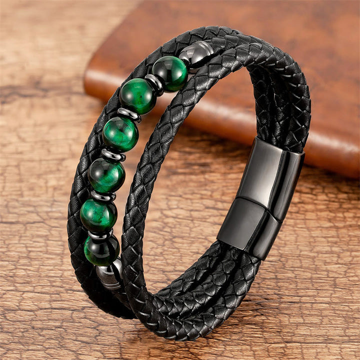 Braccialetto in pelle positivo con perline di onice nero e occhio di tigre Buddha Stones Lava Rock Ematite - Occhio di tigre verde - 18-22 cm - image 1