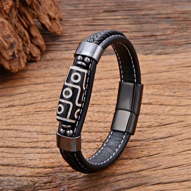 Braccialetto con fibbia in pelle con perline Dzi a nove occhi tibetani Buddha Stones - Nero - 18-22 cm - image 1