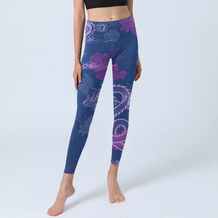 Leggings da palestra con stampa di fiori di drago e fenice viola Buddha Stones da donna - image 5