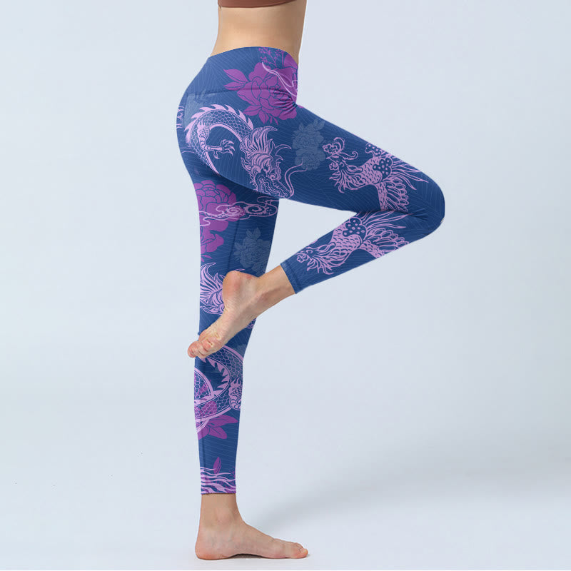 Leggings da palestra con stampa di fiori di drago e fenice viola Buddha Stones da donna - image 3