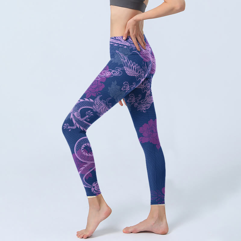 Leggings da palestra con stampa di fiori di drago e fenice viola Buddha Stones da donna - image 2