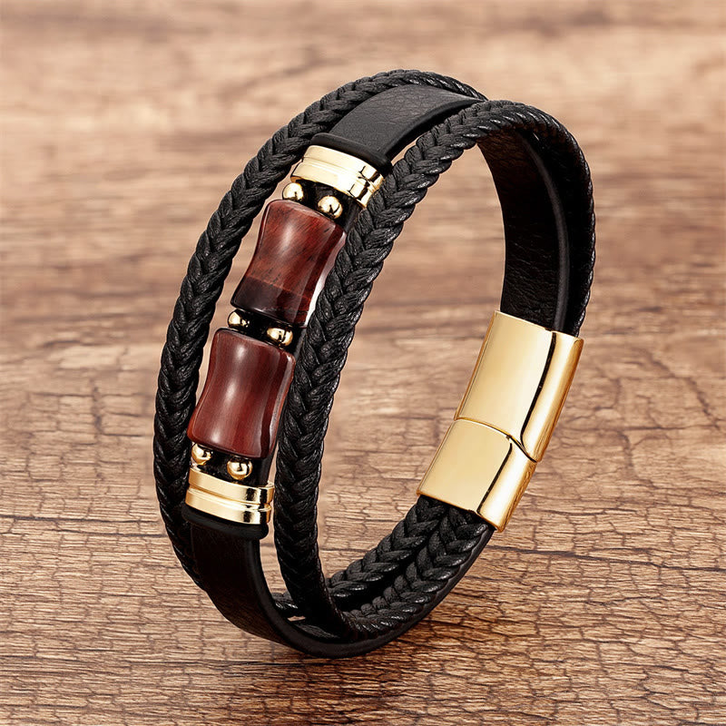 Braccialetto in pelle multistrato Buddha Stones Tiger Eye Bamboo Stone Integrity Courage - Occhio di tigre marrone-rosso - 18-22 cm - image 5