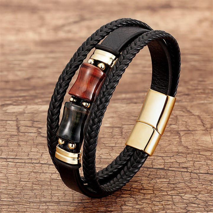 Braccialetto in pelle multistrato Buddha Stones Tiger Eye Bamboo Stone Integrity Courage - Occhio di tigre marrone-rosso-nero - 18-22 cm - image 9