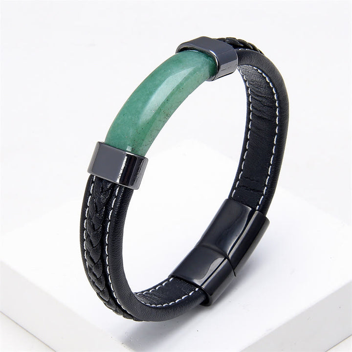 Bracciale in pelle con Buddha Stones, lazurite, lapislazzuli, occhio di tigre, rodonite, ematite, onice nero - Avventurina verde - 18-22 cm - image 9