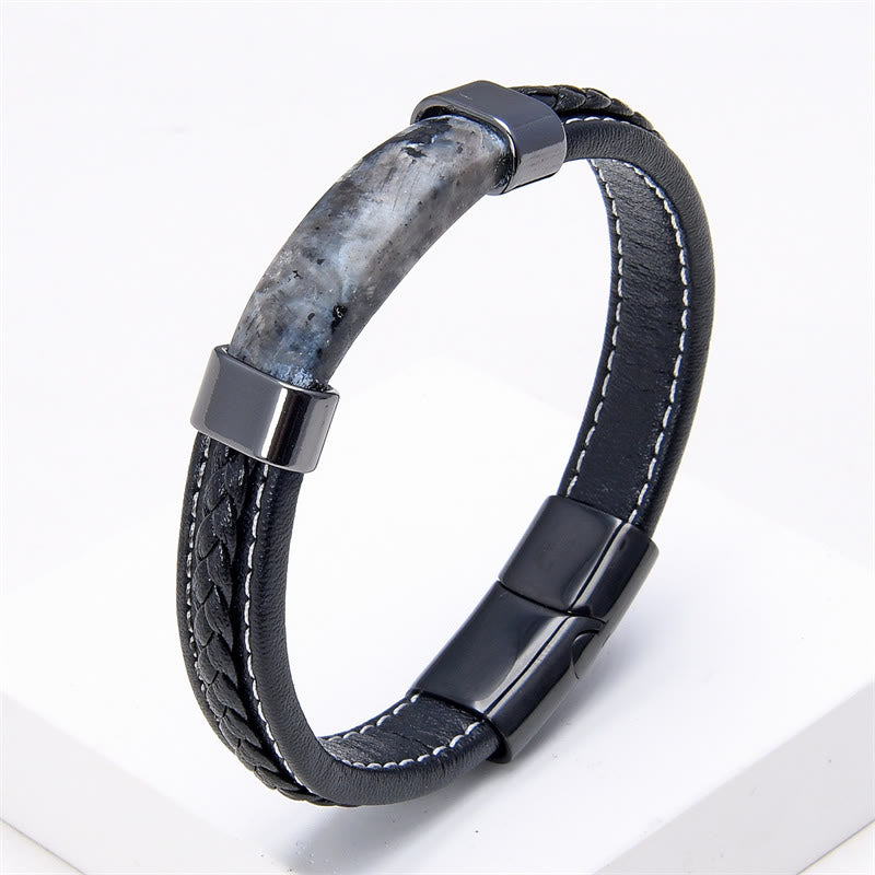 Bracciale in pelle con Buddha Stones, lazurite, lapislazzuli, occhio di tigre, rodonite, ematite, onice nero - Pietra nera glitterata - 18-22 cm - image 13
