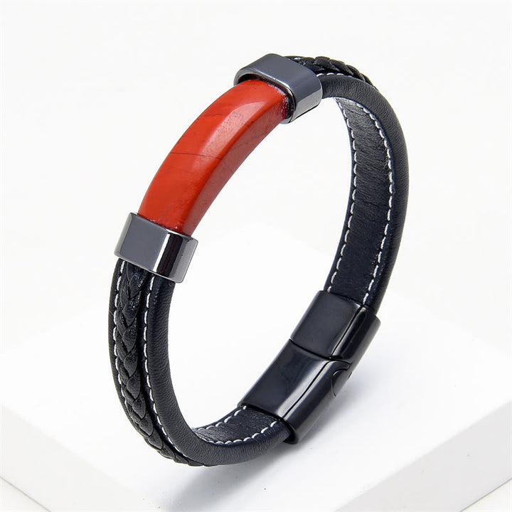 Bracciale in pelle con Buddha Stones, lazurite, lapislazzuli, occhio di tigre, rodonite, ematite, onice nero - Diaspro rosso - 18-22 cm - image 19