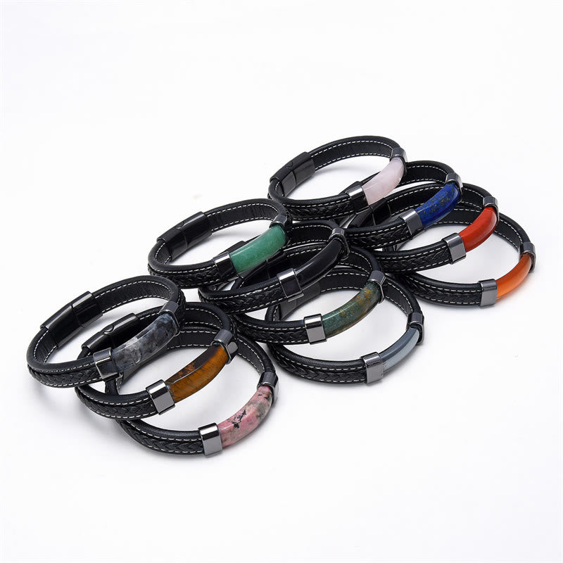 Bracciale in pelle con Buddha Stones, lazurite, lapislazzuli, occhio di tigre, rodonite, ematite, onice nero - image 1