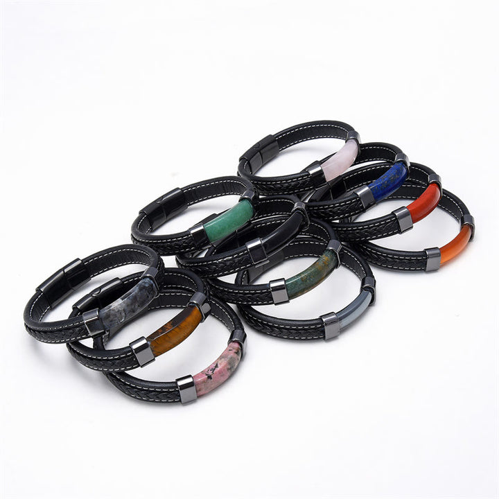 Bracciale in pelle con Buddha Stones, lazurite, lapislazzuli, occhio di tigre, rodonite, ematite, onice nero - image 1