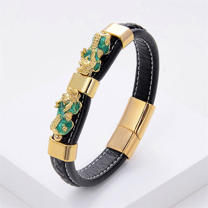 Braccialetto con fibbia magnetica in pelle Buddha Stones e doppio PiXiu Wealth Luck - PiXiu verde - 18-22 cm - image 3