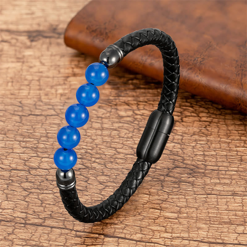 Braccialetto di protezione in pelle con perline di lapislazzuli , Buddha Stones blu, occhio di tigre, onice nero e pietra lavica - Agata blu - 18-22 cm - image 1