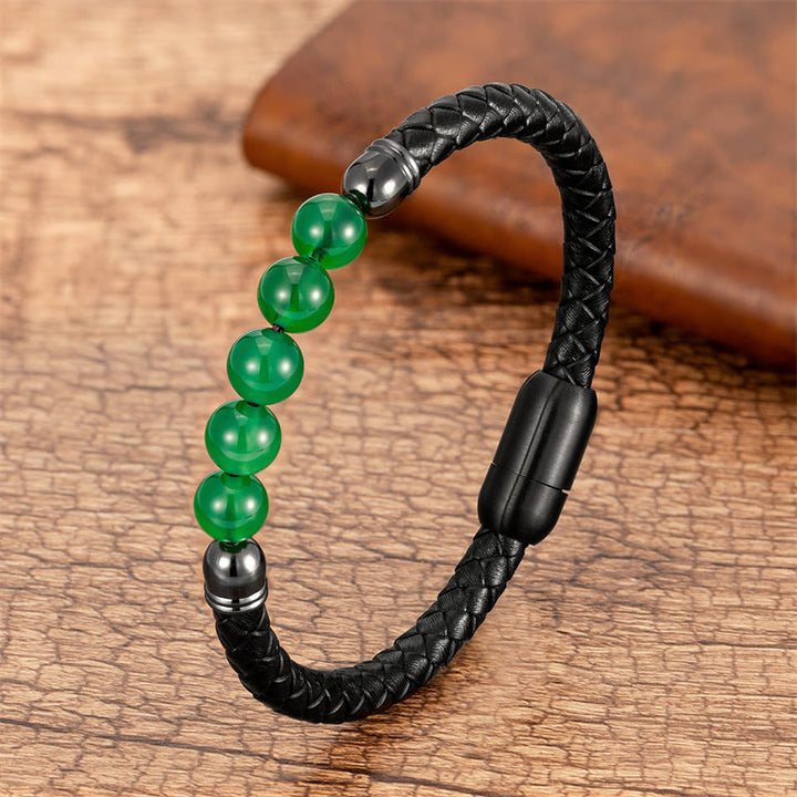 Braccialetto di protezione in pelle con perline di lapislazzuli , Buddha Stones blu, occhio di tigre, onice nero e pietra lavica - Agata verde - 18-22 cm - image 7