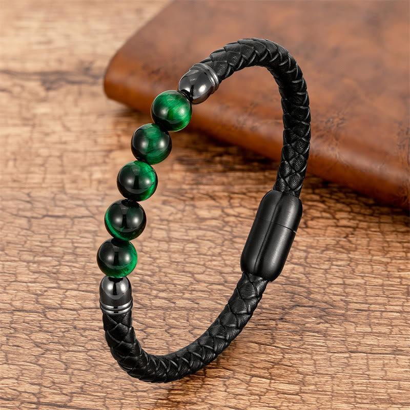 Braccialetto di protezione in pelle con perline di lapislazzuli , Buddha Stones blu, occhio di tigre, onice nero e pietra lavica - Occhio di tigre verde - 18-22 cm - image 9