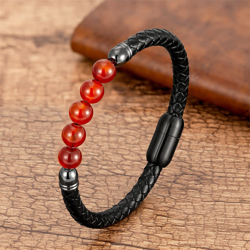 Braccialetto di protezione in pelle con perline di lapislazzuli , Buddha Stones blu, occhio di tigre, onice nero e pietra lavica - Agata rossa - 18-22 cm - image 14