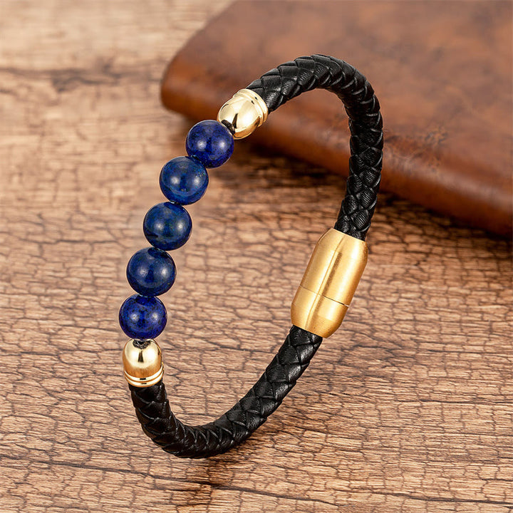 Braccialetto di protezione in pelle con perline di lapislazzuli , Buddha Stones blu, occhio di tigre, onice nero e pietra lavica - Lazurite - 18-22 cm - image 19
