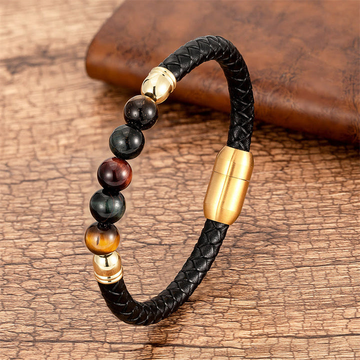 Braccialetto di protezione in pelle con perline di lapislazzuli , Buddha Stones blu, occhio di tigre, onice nero e pietra lavica - Occhio di tigre rosso nero - 18-22 cm - image 21