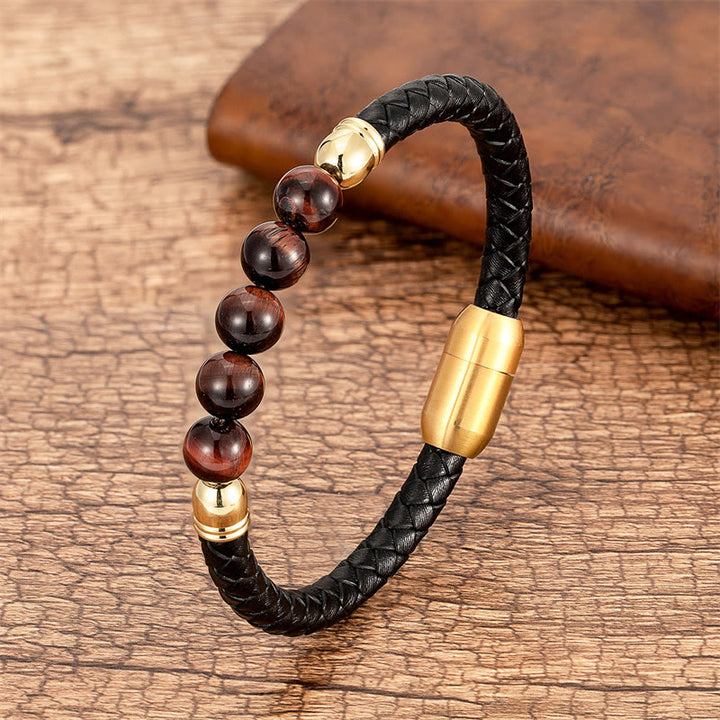 Braccialetto di protezione in pelle con perline di lapislazzuli , Buddha Stones blu, occhio di tigre, onice nero e pietra lavica - Occhio di tigre marrone rosso - 18-22 cm - image 23