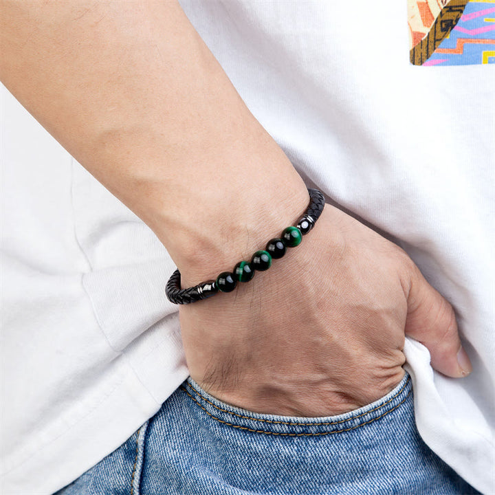 Braccialetto di protezione in pelle con perline di lapislazzuli , Buddha Stones blu, occhio di tigre, onice nero e pietra lavica - image 10