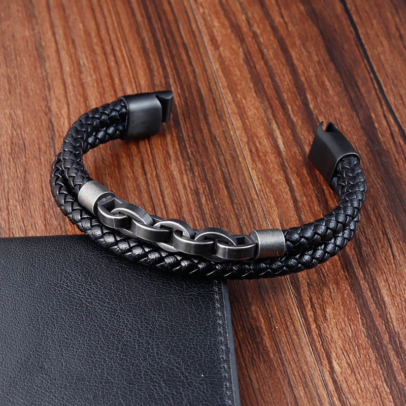 Bracciale con fibbia intrecciata in pelle e acciaio al titanio con design a catena Buddha Stones - image 4