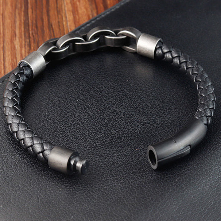 Bracciale con fibbia intrecciata in pelle e acciaio al titanio con design a catena Buddha Stones - image 12