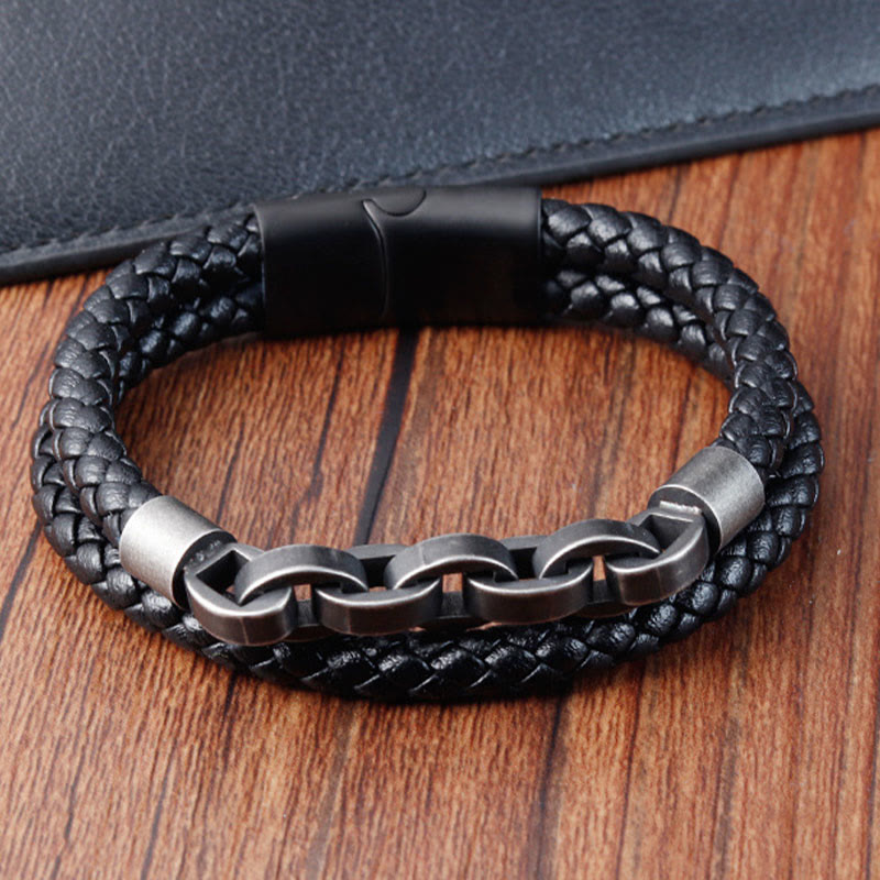 Bracciale con fibbia intrecciata in pelle e acciaio al titanio con design a catena Buddha Stones - image 1