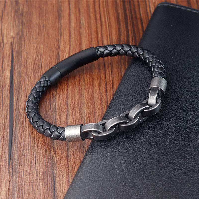 Bracciale con fibbia intrecciata in pelle e acciaio al titanio con design a catena Buddha Stones - image 9