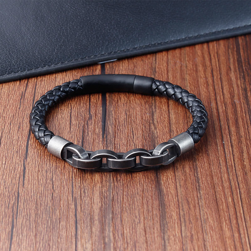 Bracciale con fibbia intrecciata in pelle e acciaio al titanio con design a catena Buddha Stones - image 10
