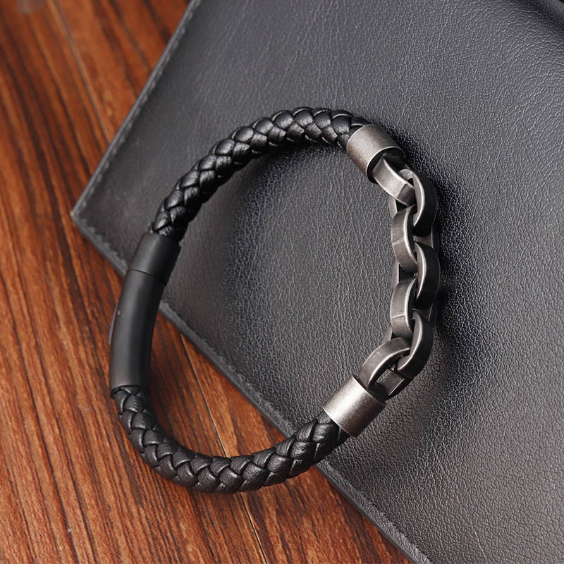 Bracciale con fibbia intrecciata in pelle e acciaio al titanio con design a catena Buddha Stones - image 11