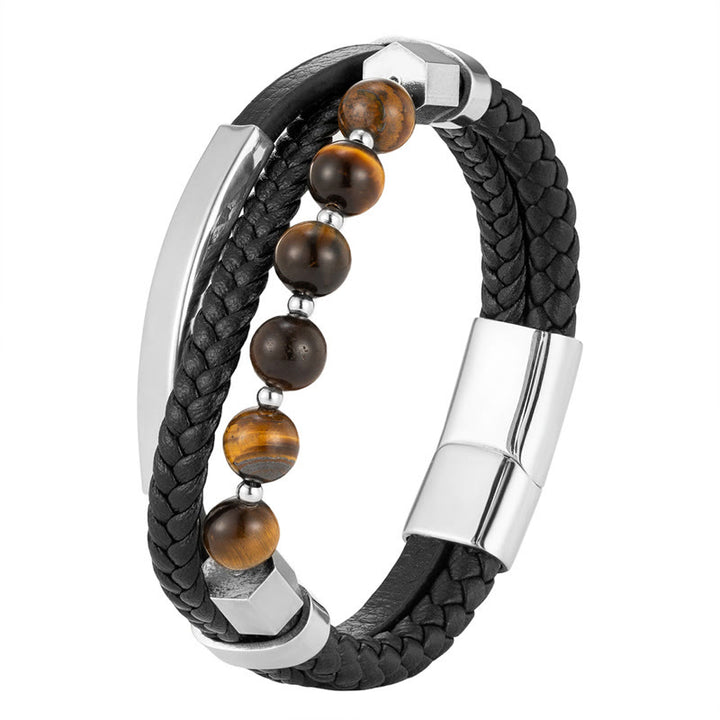 Braccialetto con fibbia in pelle multistrato con perline di occhio di tigre e Buddha Stones