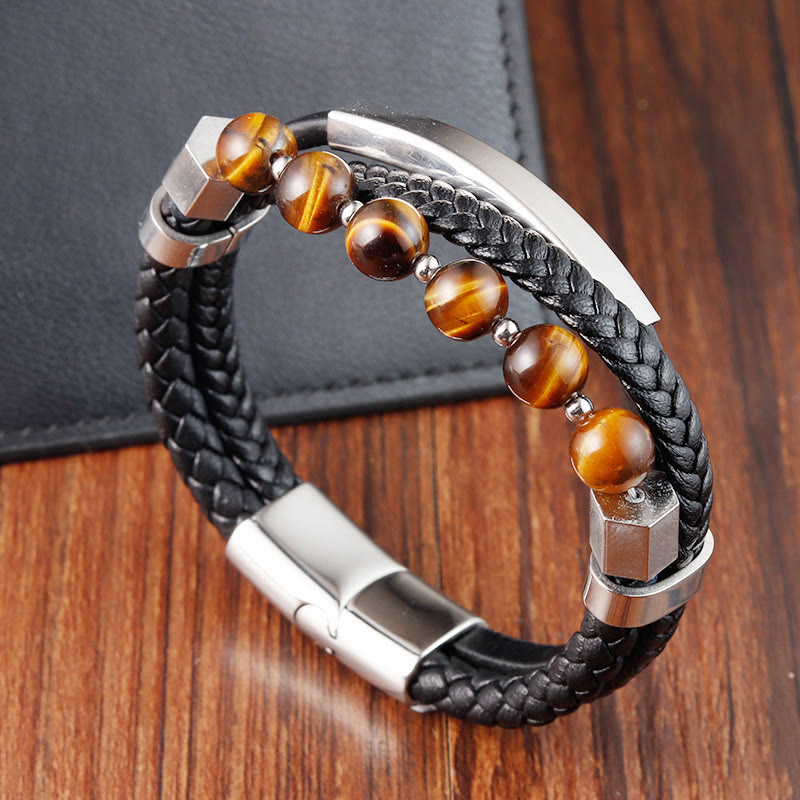 Braccialetto con fibbia in pelle multistrato con perline di occhio di tigre e Buddha Stones