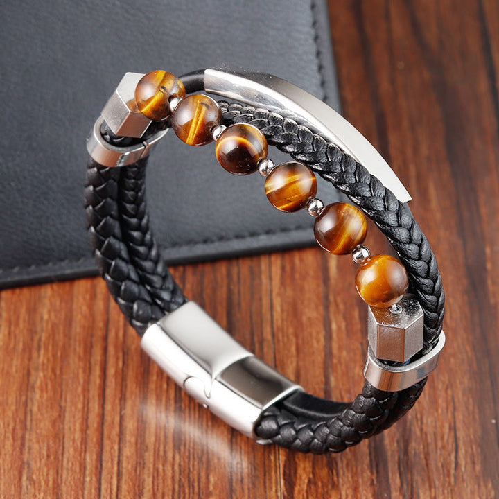 Braccialetto con fibbia in pelle multistrato con perline di occhio di tigre e Buddha Stones