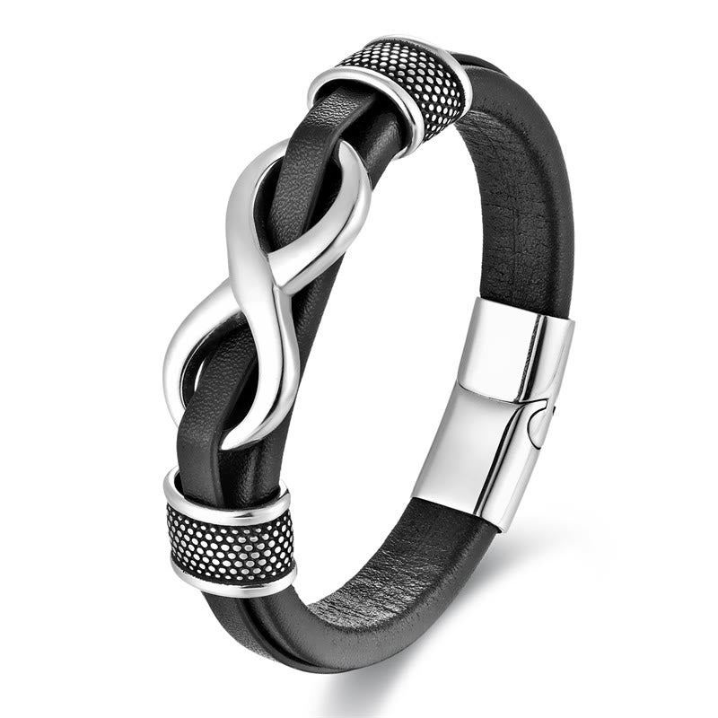 Bracciale con fibbia in pelle e bilanciamento in acciaio al titanio con simbolo dell'infinito e nodo infinito Buddha Stones