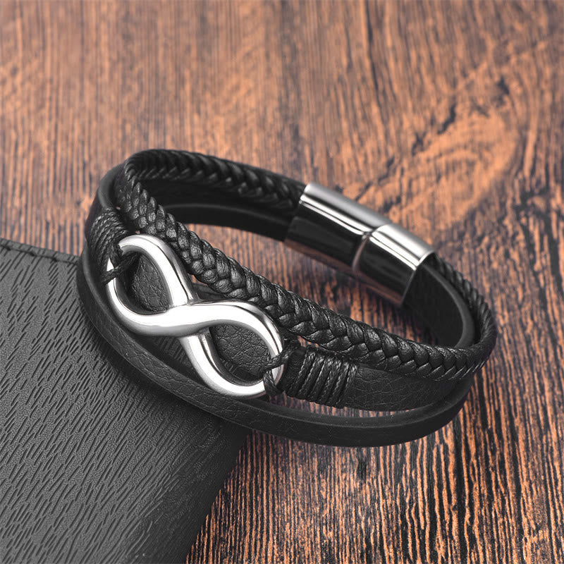 Bracciale con fibbia in pelle calma in acciaio al titanio con simbolo dell'infinito e nodo infinito eterno Buddha Stones