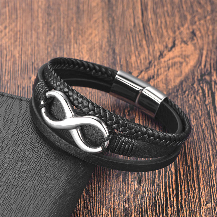 Bracciale con fibbia in pelle calma in acciaio al titanio con simbolo dell'infinito e nodo infinito eterno Buddha Stones