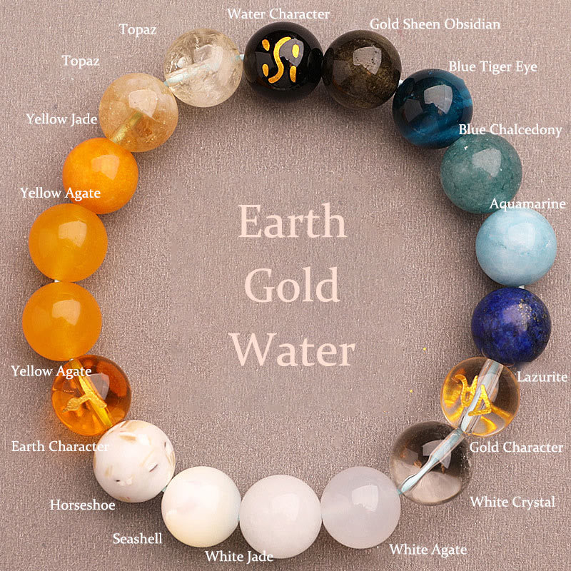 Buddha Stones Cinque Elementi Vari Agata Cristallo Pietra del Sole Bracciale della Saggezza - Terra Oro Acqua (Circonferenza polso: 14-16 cm) - 12 millimetri - image 11