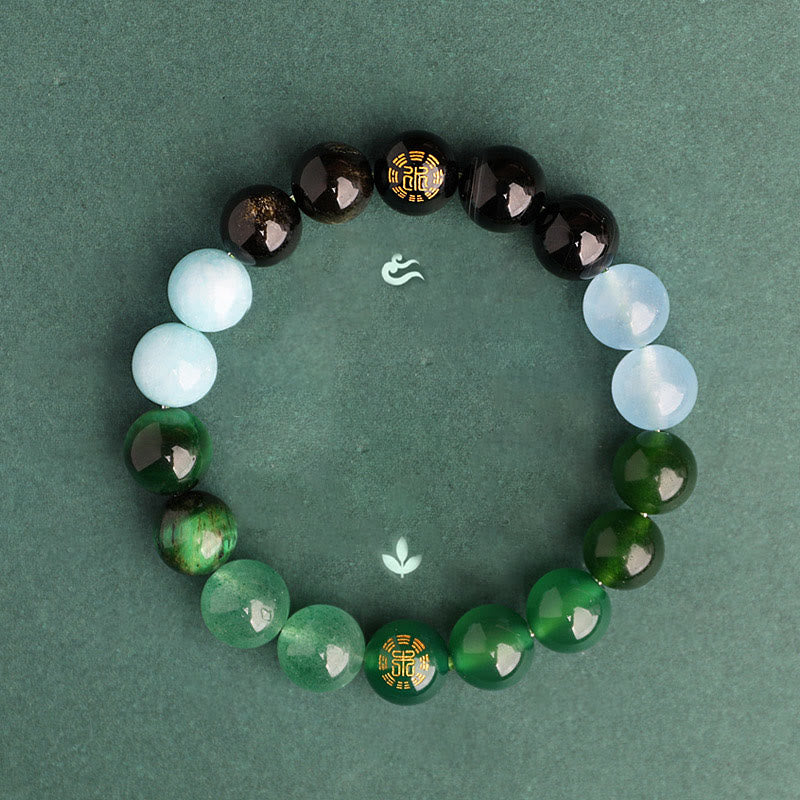 Buddha Stones Bracciale della saggezza con cinque elementi, vari cristalli di agata, onice nero, calcedonio verde, acquamarina - image 1