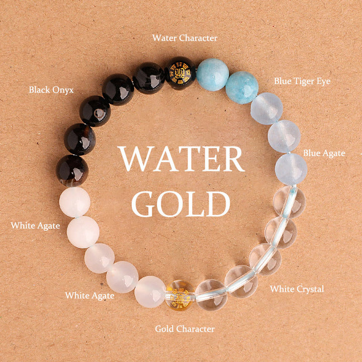 Buddha Stones Bracciale della saggezza con cinque elementi, vari cristalli di agata, onice nero, calcedonio verde, acquamarina - Acqua d'oro (circonferenza del polso: 14-16 cm) - 8 millimetri - image 19
