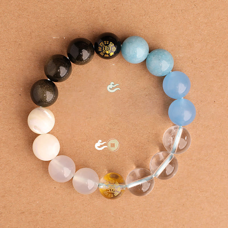 Buddha Stones Bracciale della saggezza con cinque elementi, vari cristalli di agata, onice nero, calcedonio verde, acquamarina - image 24
