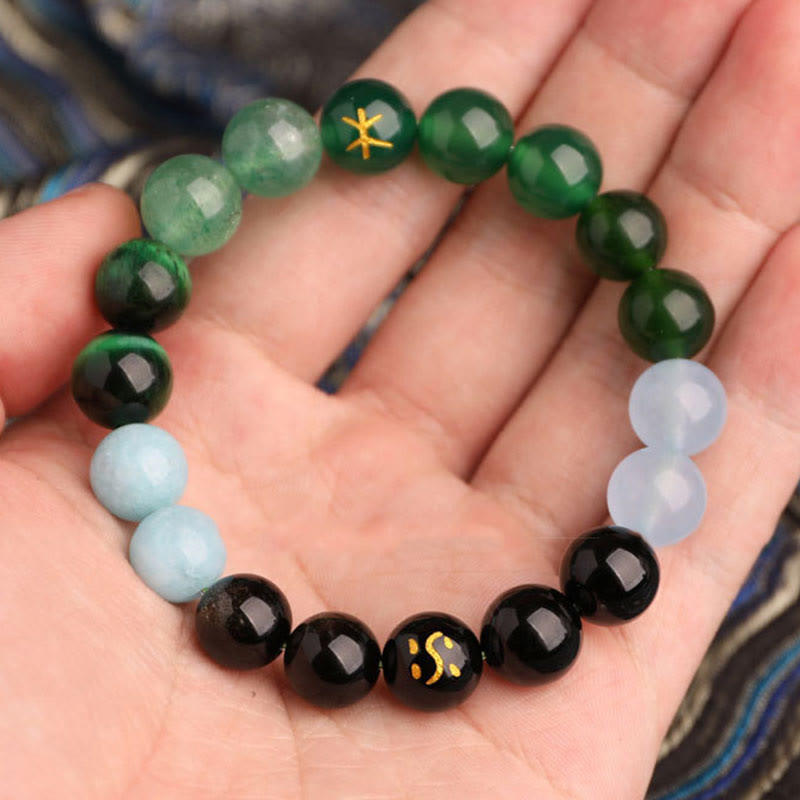 Buddha Stones Bracciale della saggezza con cinque elementi, vari cristalli di agata, onice nero, calcedonio verde, acquamarina - image 2