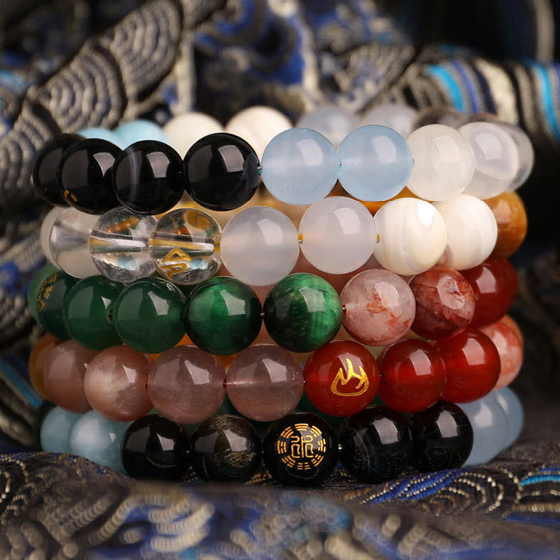 Buddha Stones Bracciale della saggezza con cinque elementi, vari cristalli di agata, onice nero, calcedonio verde, acquamarina - image 55