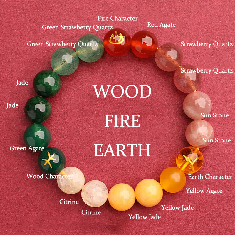 Buddha Stones Cinque Elementi Vari Agata Cristallo Verde Fragola Quarzo Pietra del Sole Bracciale Ricchezza - Fuoco Terra Legno (Circonferenza polso: 14-16 cm) - 10 millimetri - image 0