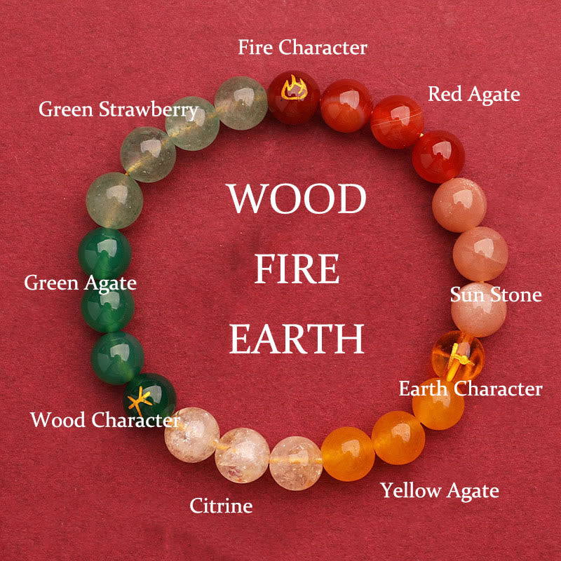Buddha Stones Cinque Elementi Vari Agata Cristallo Verde Fragola Quarzo Pietra del Sole Bracciale Ricchezza - Fuoco Terra Legno (Circonferenza polso: 14-16 cm) - 8 millimetri - image 10