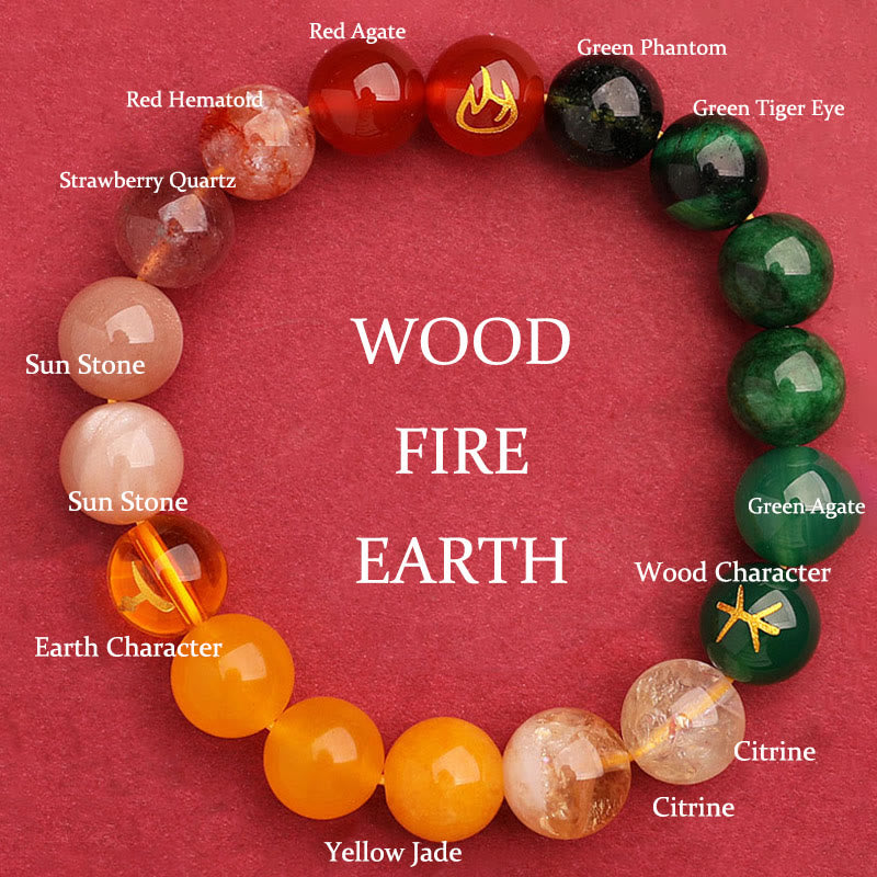 Buddha Stones Cinque Elementi Vari Agata Cristallo Verde Fragola Quarzo Pietra del Sole Bracciale Ricchezza - Fuoco Terra Legno (Circonferenza polso: 14-16 cm) - 12 millimetri - image 12