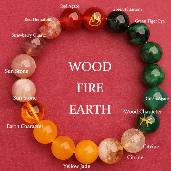 Buddha Stones Cinque Elementi Vari Agata Cristallo Verde Fragola Quarzo Pietra del Sole Bracciale Ricchezza - Fuoco Terra Legno (Circonferenza polso: 14-16 cm) - 12 millimetri - image 12