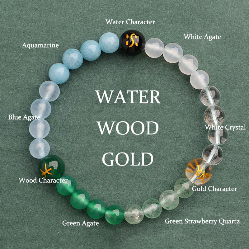Buddha Stones Cinque Elementi Vari Agata Cristallo Verde Fragola Quarzo Pietra del Sole Bracciale Ricchezza - Legno d'acqua dorato (circonferenza del polso: 14-16 cm) - 6 millimetri - image 43