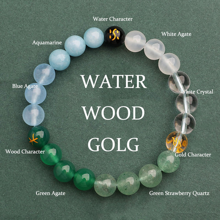 Buddha Stones Cinque Elementi Vari Agata Cristallo Verde Fragola Quarzo Pietra del Sole Bracciale Ricchezza - Legno d'acqua dorato (circonferenza del polso: 14-16 cm) - 8 millimetri - image 46