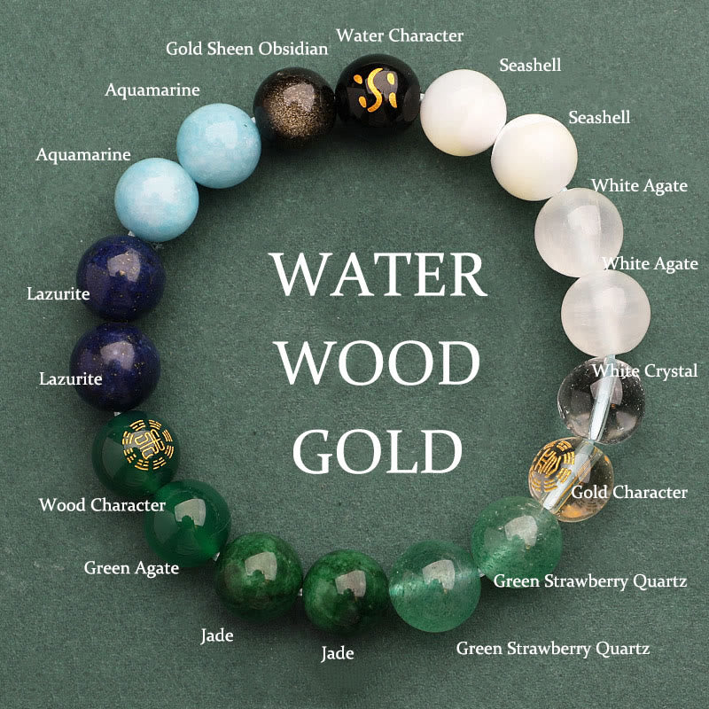 Buddha Stones Cinque Elementi Vari Agata Cristallo Verde Fragola Quarzo Pietra del Sole Bracciale Ricchezza - Legno d'acqua dorato (circonferenza del polso: 14-16 cm) - 10 millimetri - image 48