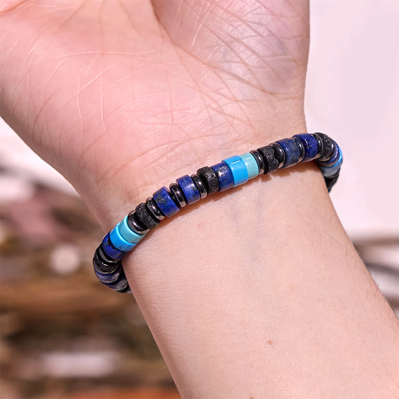 Braccialetto di supporto in Buddha Stones, ematite, turchese, lazurite, lapislazzuli, pietra lavica, glitter nero - image 2